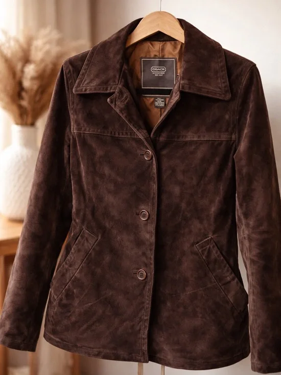 Coach Vintage Suede Leather Jacket Brown Button Front Women’s XS Lined STUNNING - Picture 1 of 10